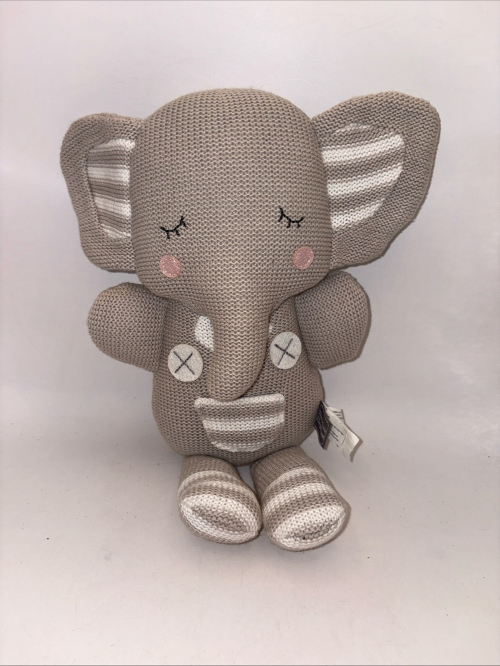 Hand-Knit Beige Elephant Plush with Striped Accents Rattle